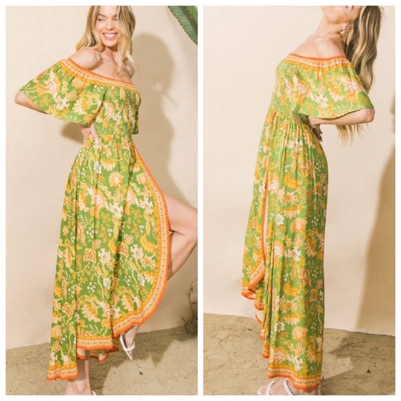 Off the Shoulder Tropical Print Floral Maxi Dress | Smocked Bodice Hi-Lo Hem - Picture 7 of 8